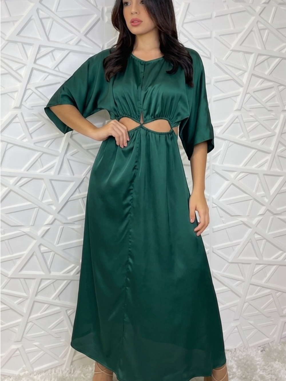 Elegant Forest Green Satin Maxi Dress with Cutout